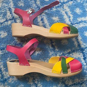 Swedish Hasbeens Toffel Red, Yellow, Green Leather Wood Clog Sandals 39/9 - NWOT